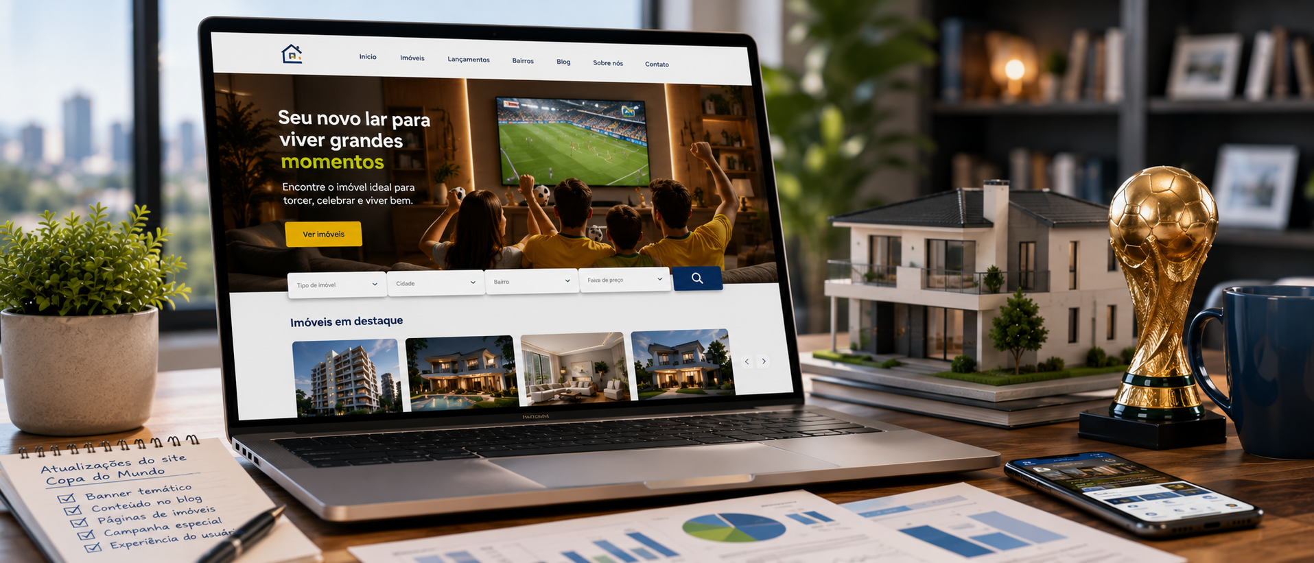 Exemplo de site imobiliário atualizado para a Copa do Mundo com imóveis, futebol e estratégia sazonal de marketing digital.